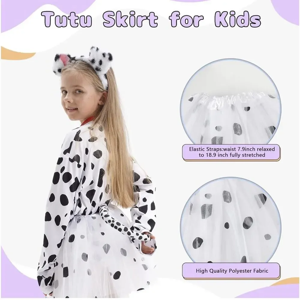 101 Dalmatian Costume For Kids Girls Shirt Outfit Ears Headband Socks S (5-7 Yrs